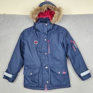 RIDING SPORT Coat Kids Small Blue Lined Padded Full Zip Faux Fur Hood Pockets